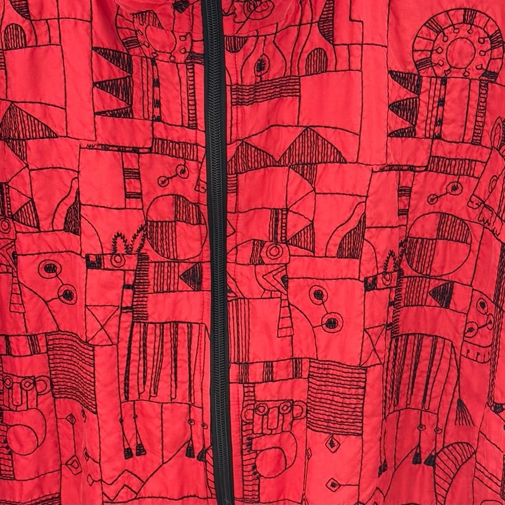 Vintage Chico's Red Quilted Zip Silk Jacket with Black Print- Chicos Size 3 - Picture 5 of 7